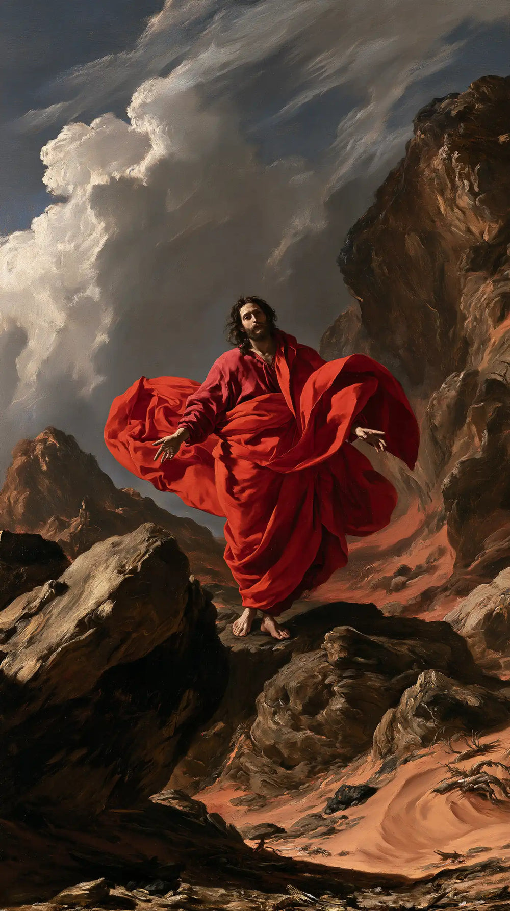 Jesus in the desert during the temptation in Theatrical Baroque style, portrait Christian artwork no. 9