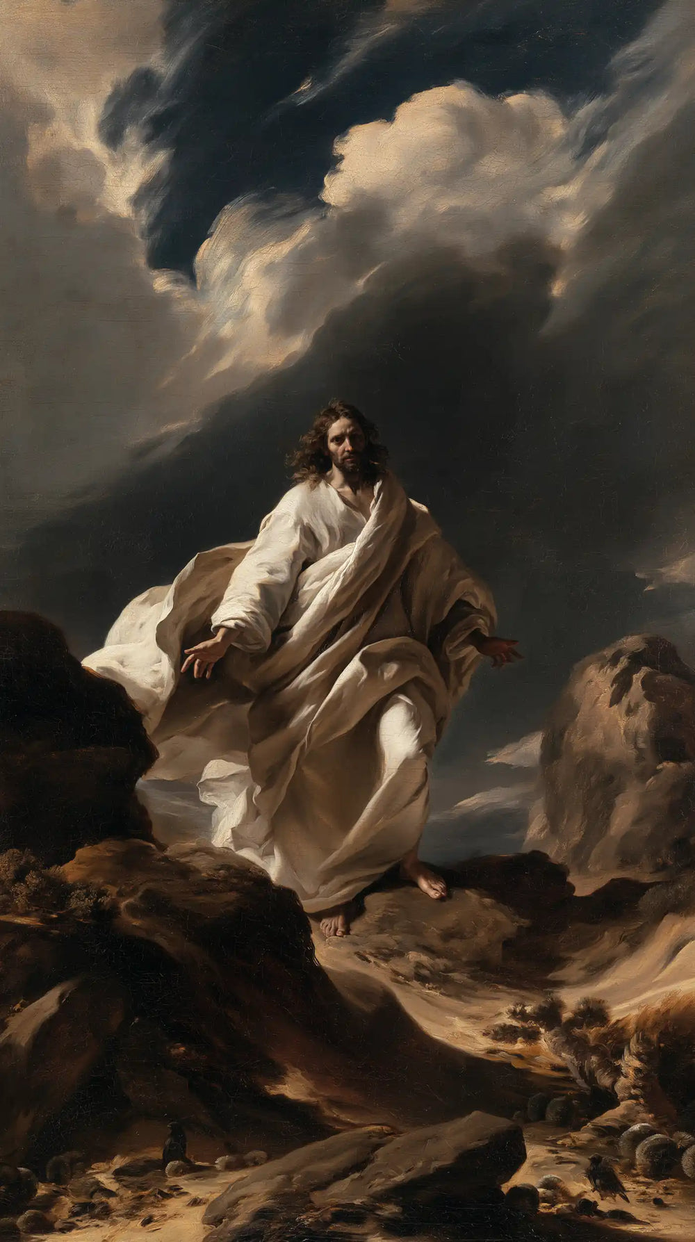 Jesus in the desert during the temptation in Theatrical Baroque style, portrait Christian artwork no. 11