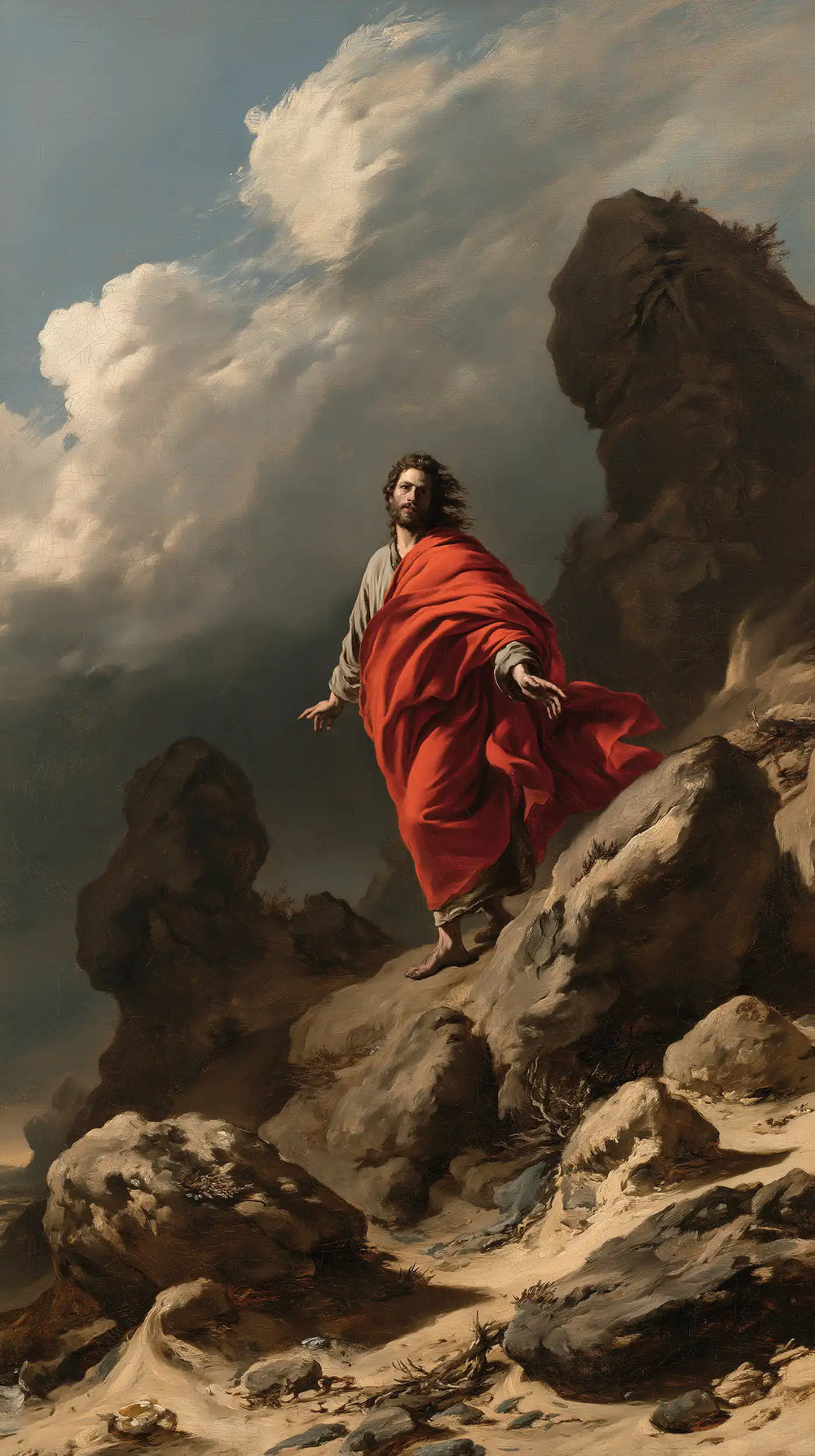 Jesus in the desert during the temptation in Theatrical Baroque style, portrait Christian artwork no. 12
