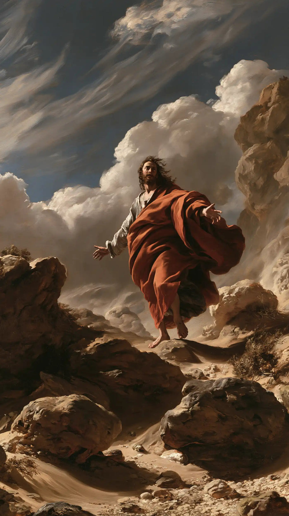 Jesus in the desert during the temptation in Theatrical Baroque style, portrait Christian artwork no. 15