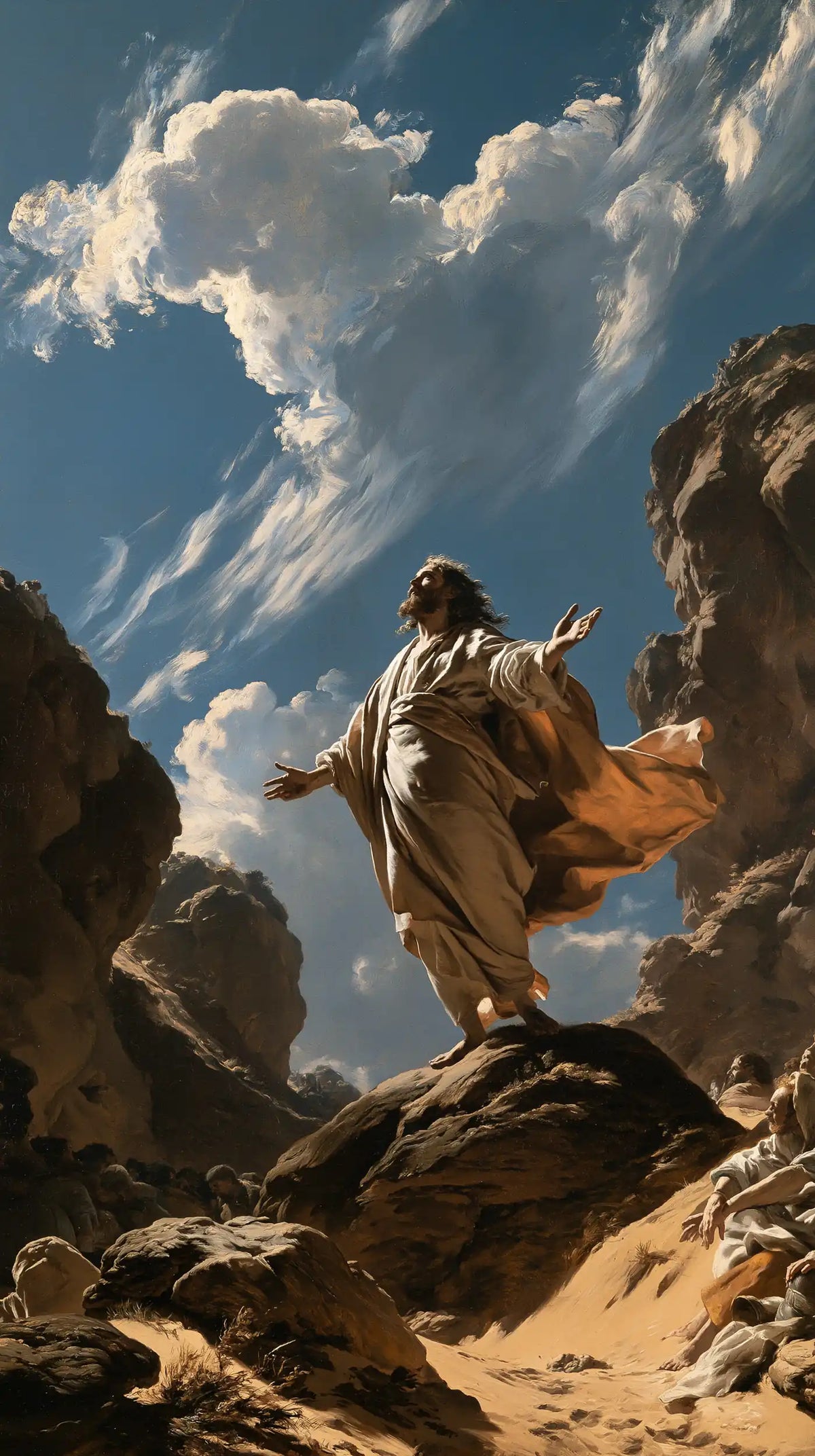 Jesus in the desert during the temptation in Theatrical Baroque style, portrait Christian artwork no. 27