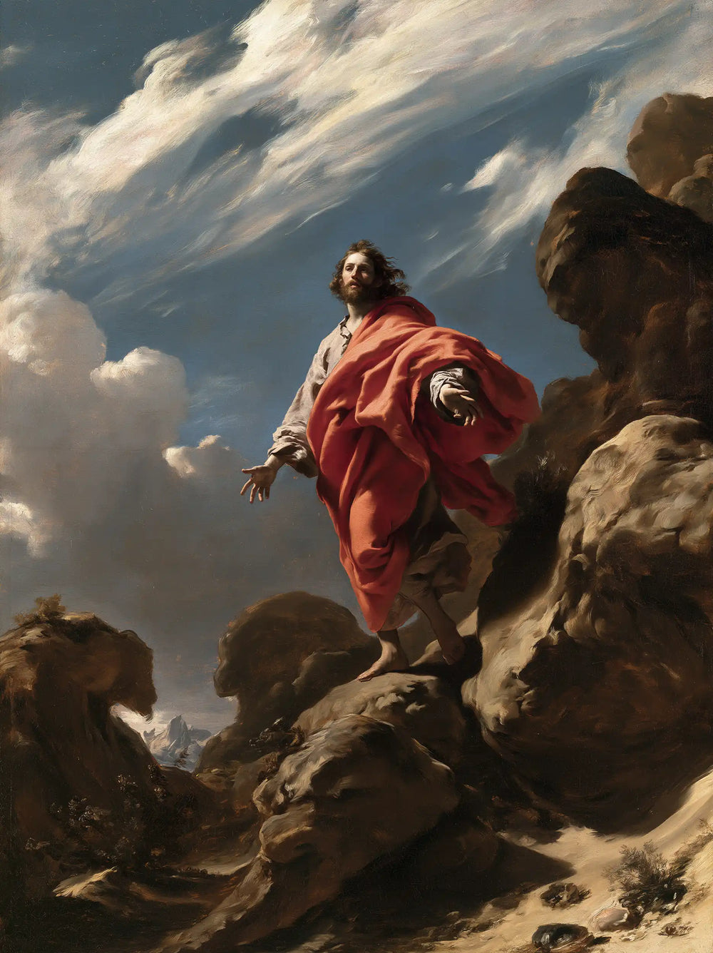 Jesus in the desert during the temptation in Theatrical Baroque style, portrait Christian artwork no. 33