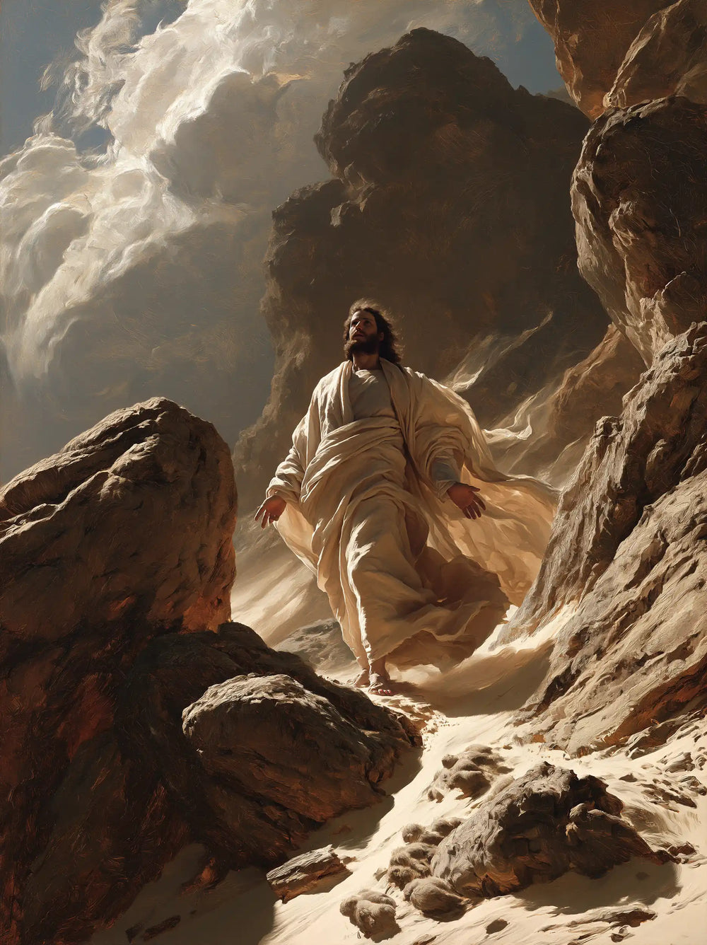 Jesus in the desert during the temptation in Theatrical Baroque style, portrait Christian artwork no. 34