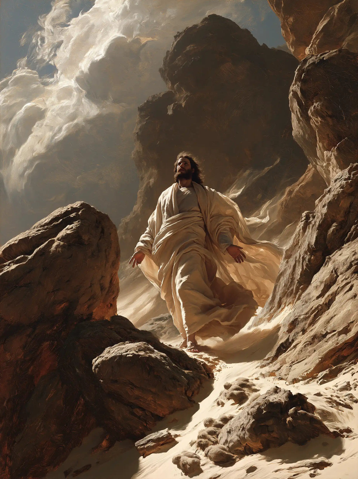 Jesus in the desert during the temptation in Theatrical Baroque style, portrait Christian artwork no. 34