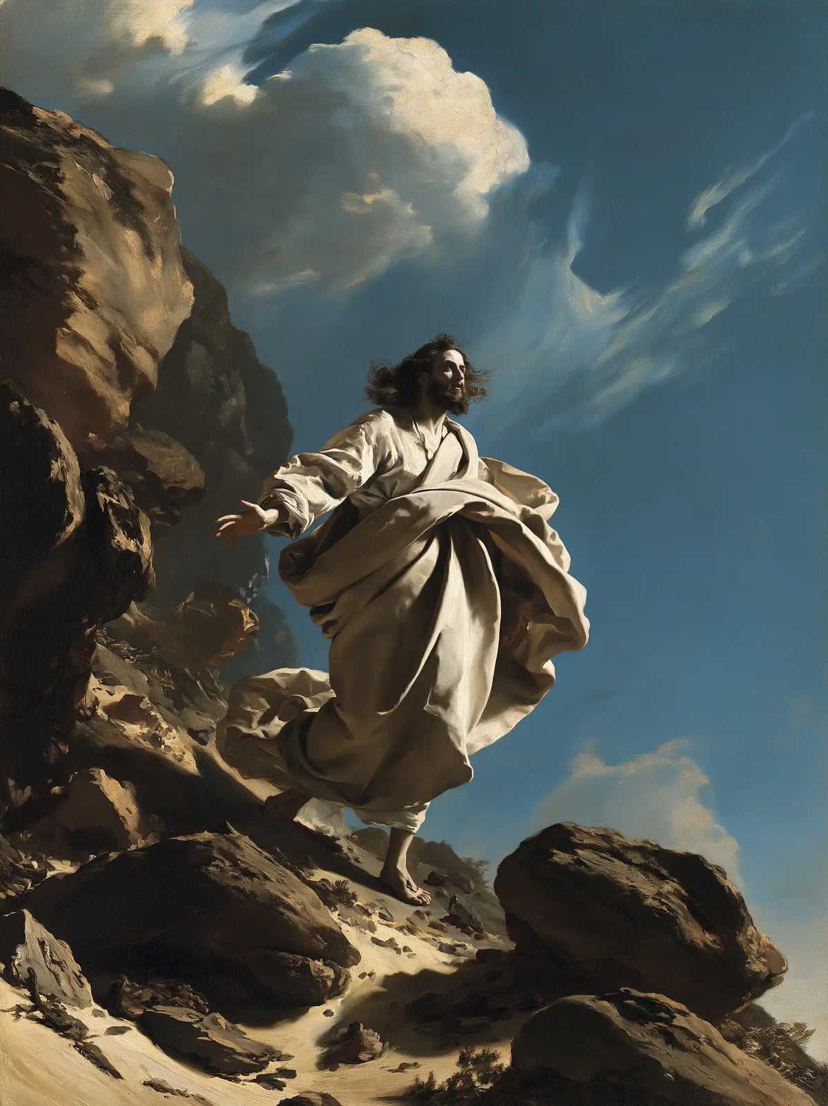 Jesus in the desert during the temptation in Theatrical Baroque style, portrait Christian artwork no. 35