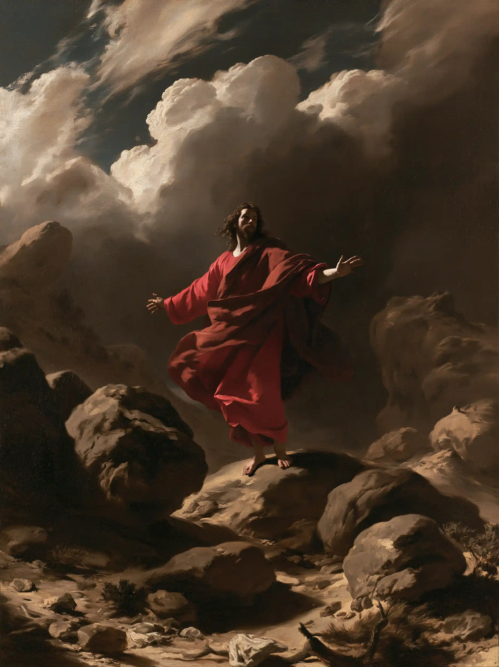 Jesus in the desert during the temptation in Theatrical Baroque style, portrait Christian artwork no. 36