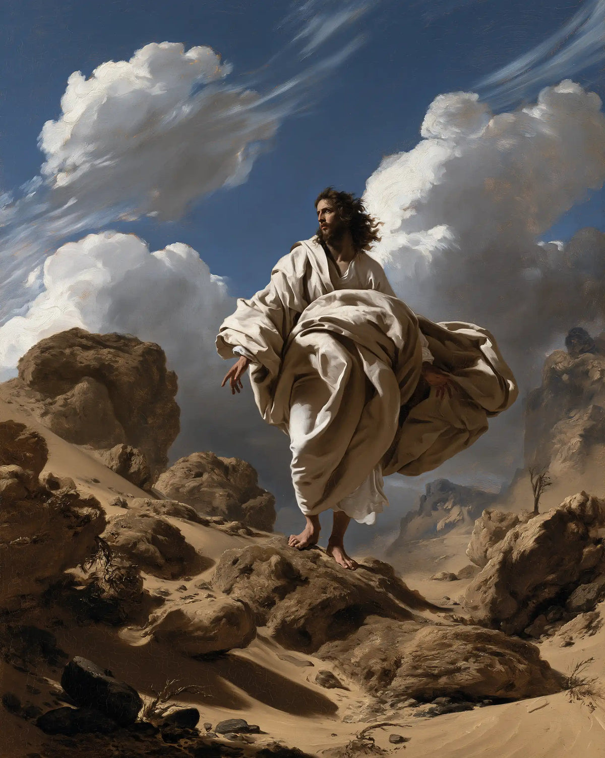 Jesus in the desert during the temptation in Theatrical Baroque style, portrait Christian artwork no. 38