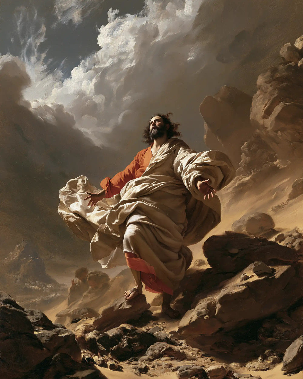 Jesus in the desert during the temptation in Theatrical Baroque style, portrait Christian artwork no. 39
