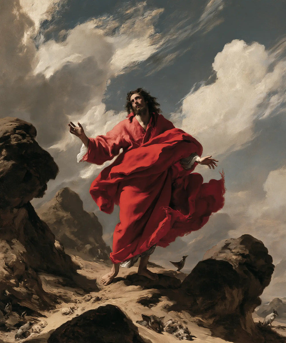 Jesus in the desert during the temptation in Theatrical Baroque style, portrait Christian artwork no. 42