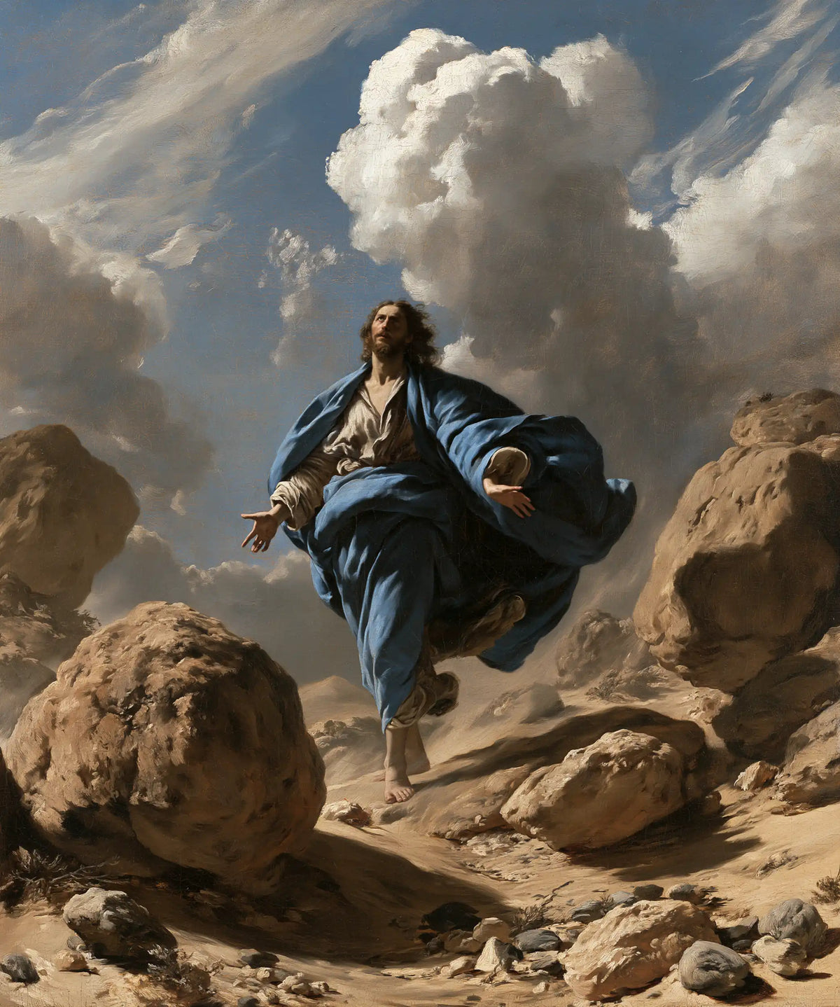 Jesus in the desert during the temptation in Theatrical Baroque style, portrait Christian artwork no. 44