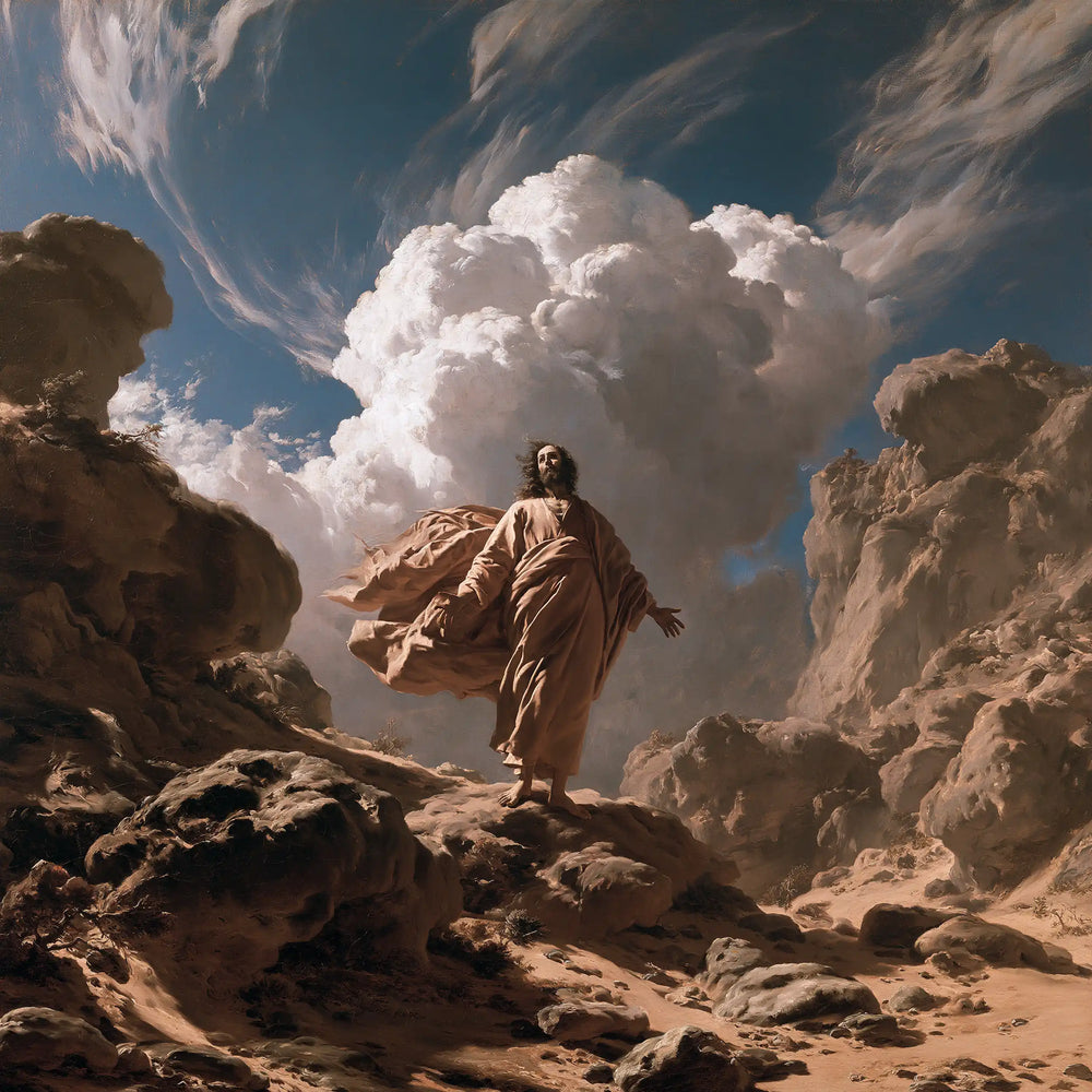 Jesus in the desert during the temptation in Theatrical Baroque style, square Christian artwork no. 1