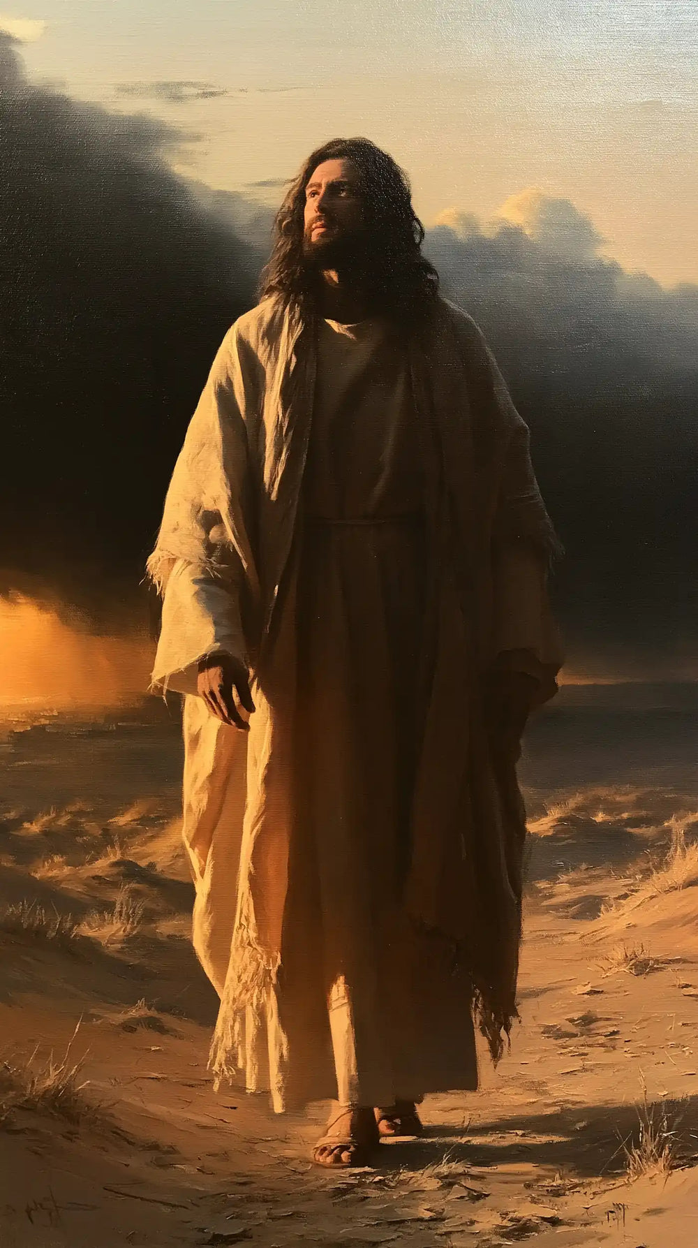 Jesus after his victory over temptation in the desert in Victory Over Temptation style, portrait Christian artwork no. 1