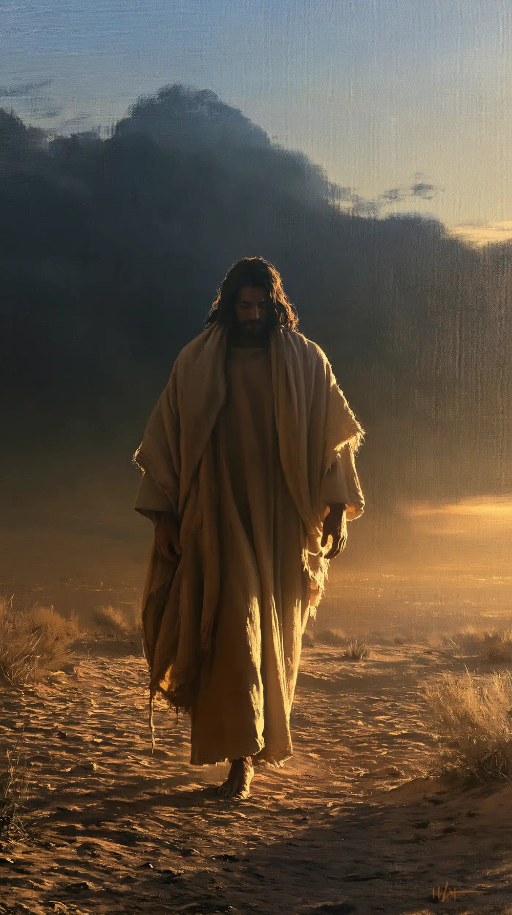 Jesus after his victory over temptation in the desert in Victory Over Temptation style, portrait Christian artwork no. 3