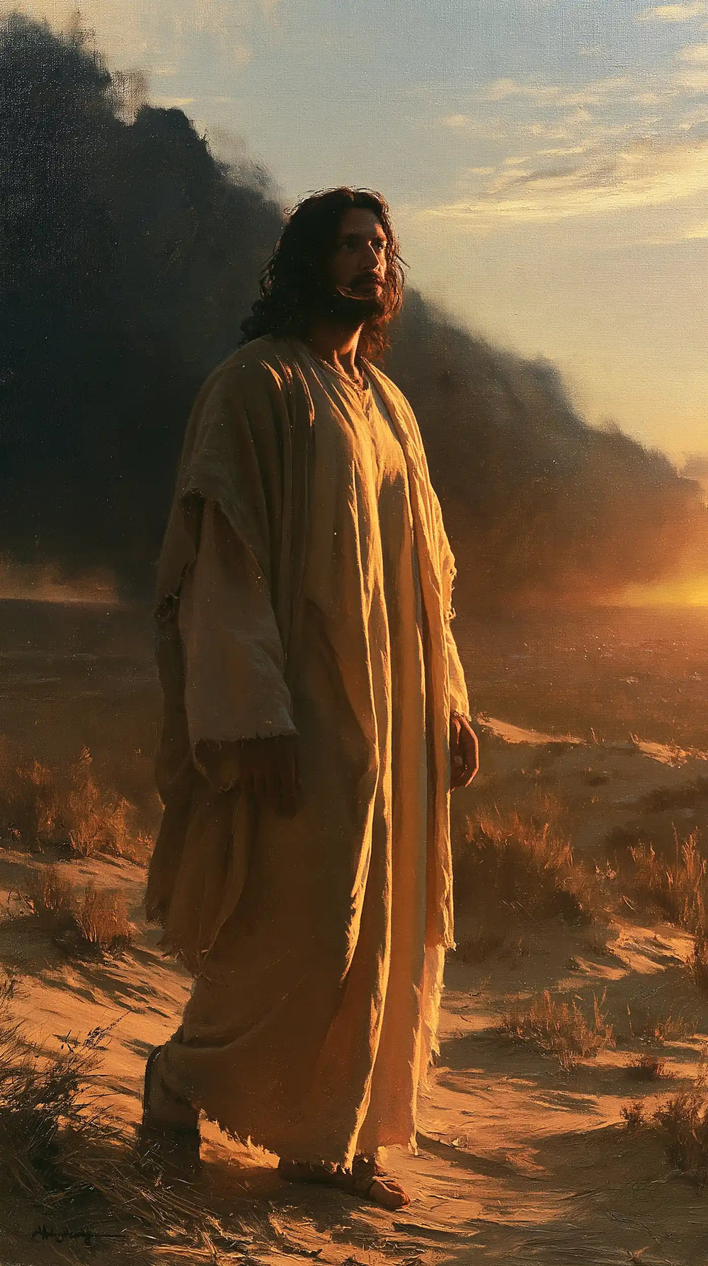 Jesus after his victory over temptation in the desert in Victory Over Temptation style, portrait Christian artwork no. 11