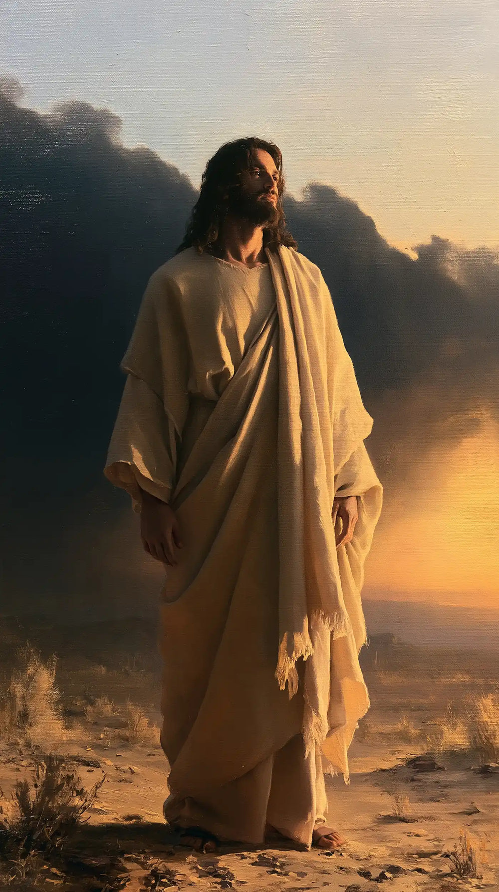 Jesus after his victory over temptation in the desert in Victory Over Temptation style, portrait Christian artwork no. 12