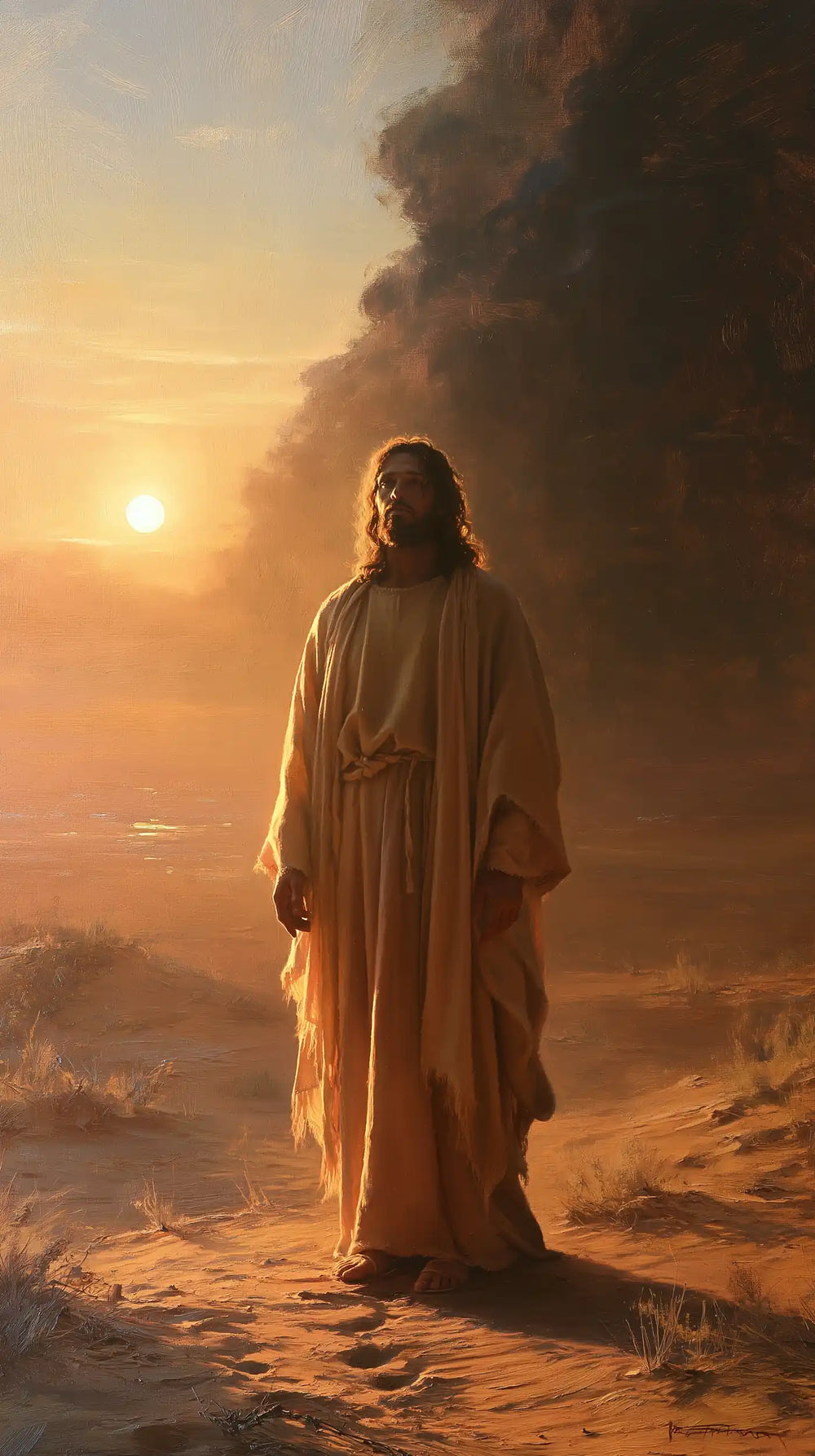 Jesus after his victory over temptation in the desert in Victory Over Temptation style, portrait Christian artwork no. 16