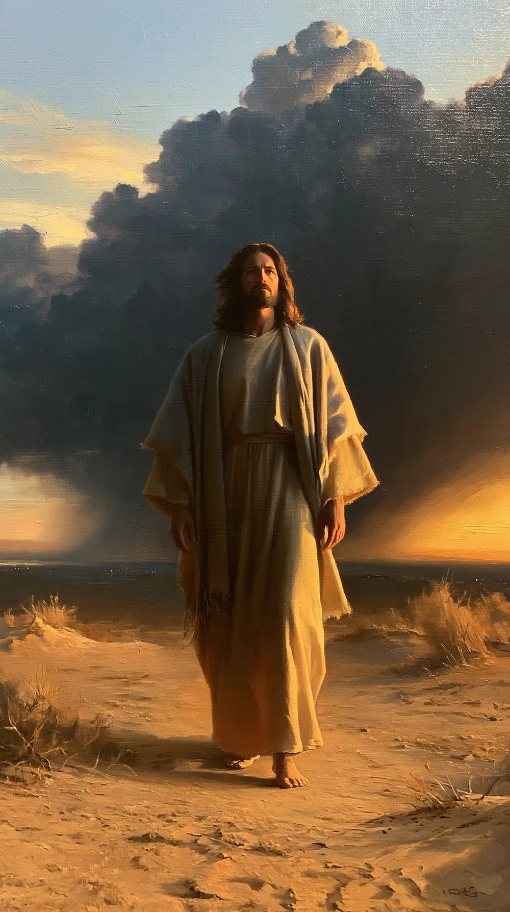 Jesus after his victory over temptation in the desert in Victory Over Temptation style, portrait Christian artwork no. 18
