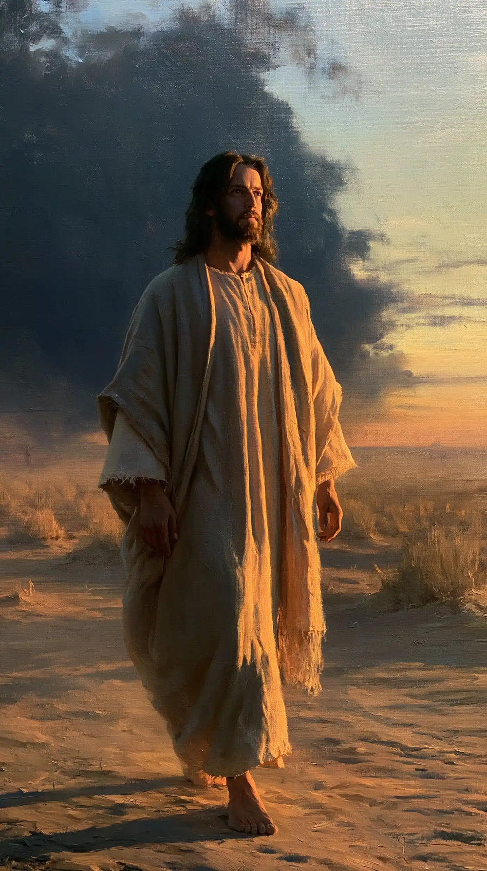 Jesus after his victory over temptation in the desert in Victory Over Temptation style, portrait Christian artwork no. 19
