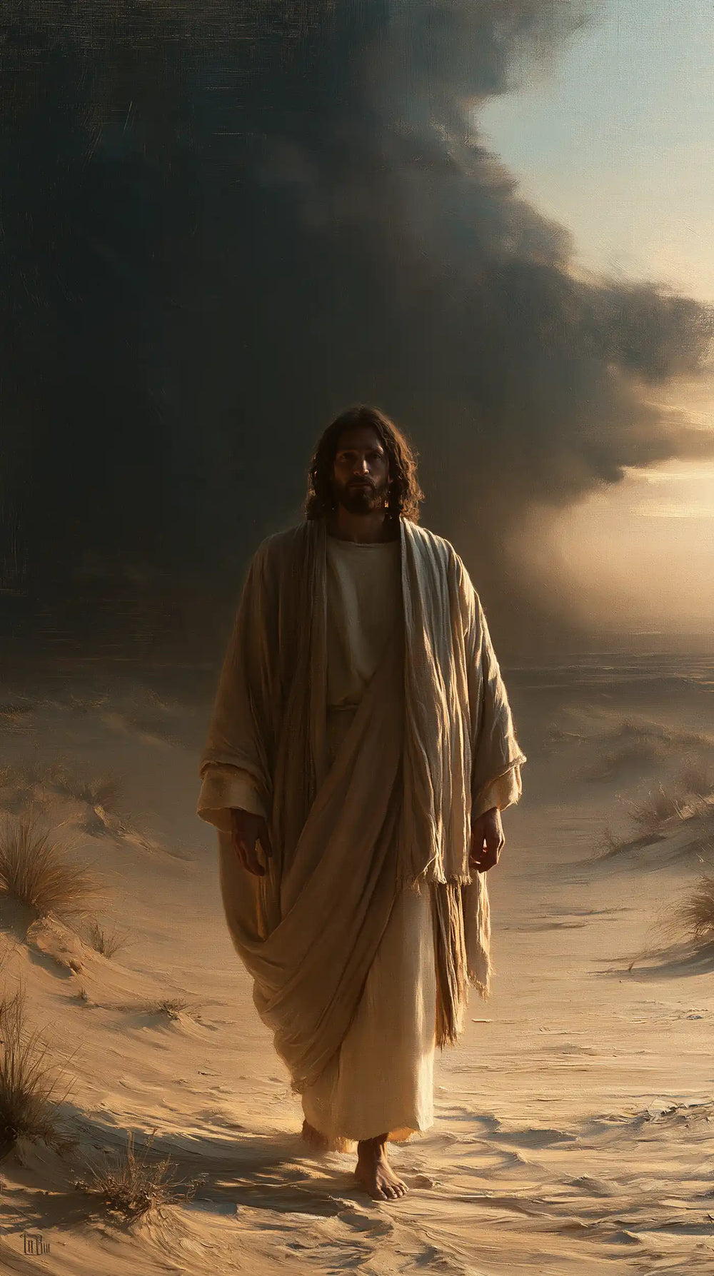 Jesus after his victory over temptation in the desert in Victory Over Temptation style, portrait Christian artwork no. 20