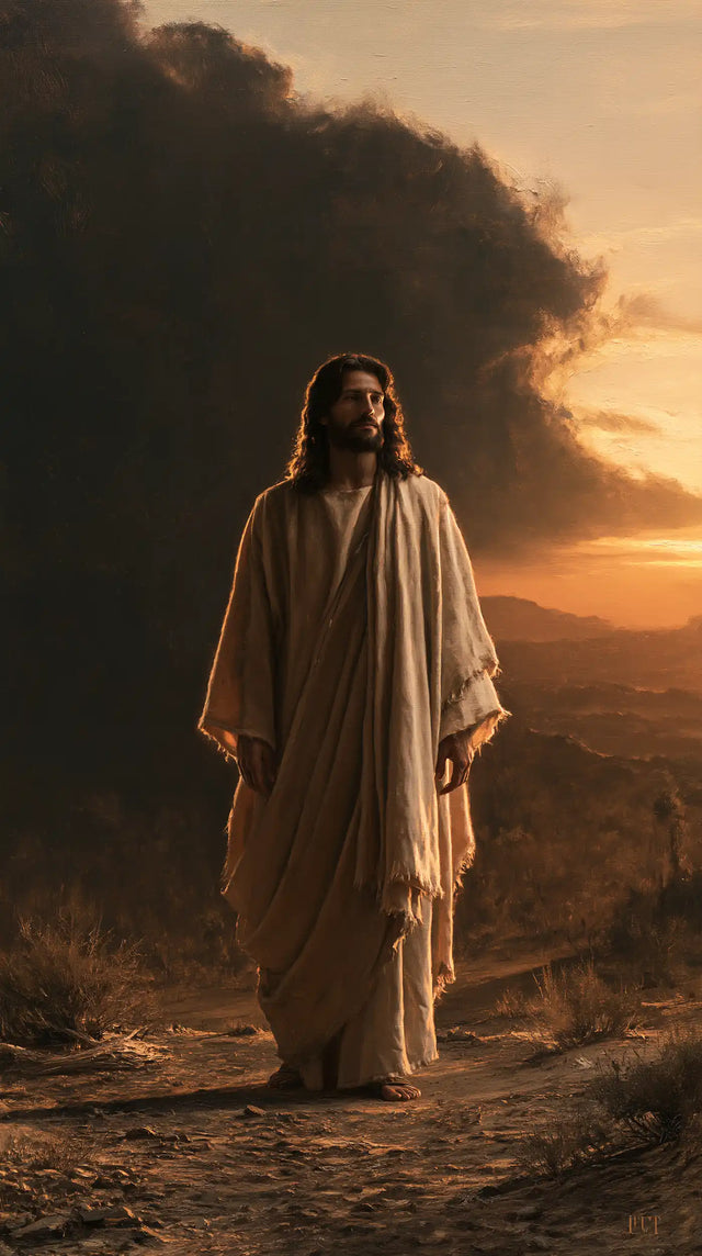 Jesus in the Desert — The Upward Gaze beside the Copper Evening