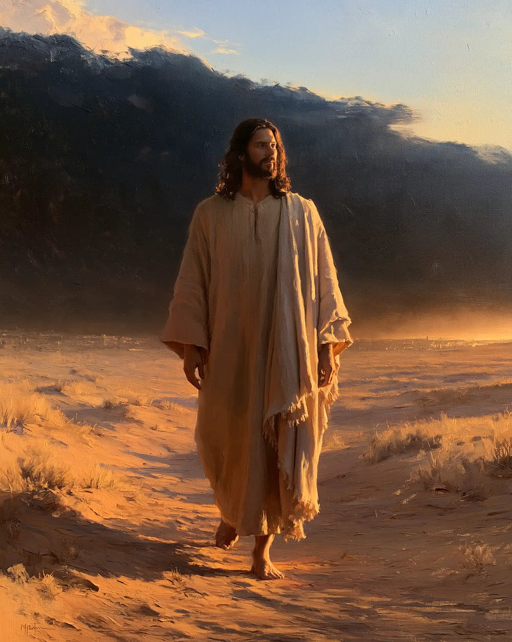 Jesus after his victory over temptation in the desert in Victory Over Temptation style, portrait Christian artwork no. 33