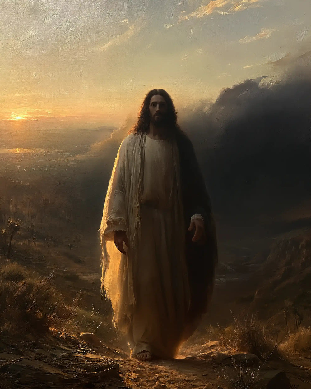 Jesus after his victory over temptation in the desert in Victory Over Temptation style, portrait Christian artwork no. 36