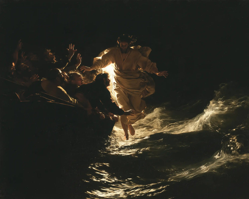 Jesus walking on water in Caravaggio Tenebrism style, landscape Christian artwork no. 5