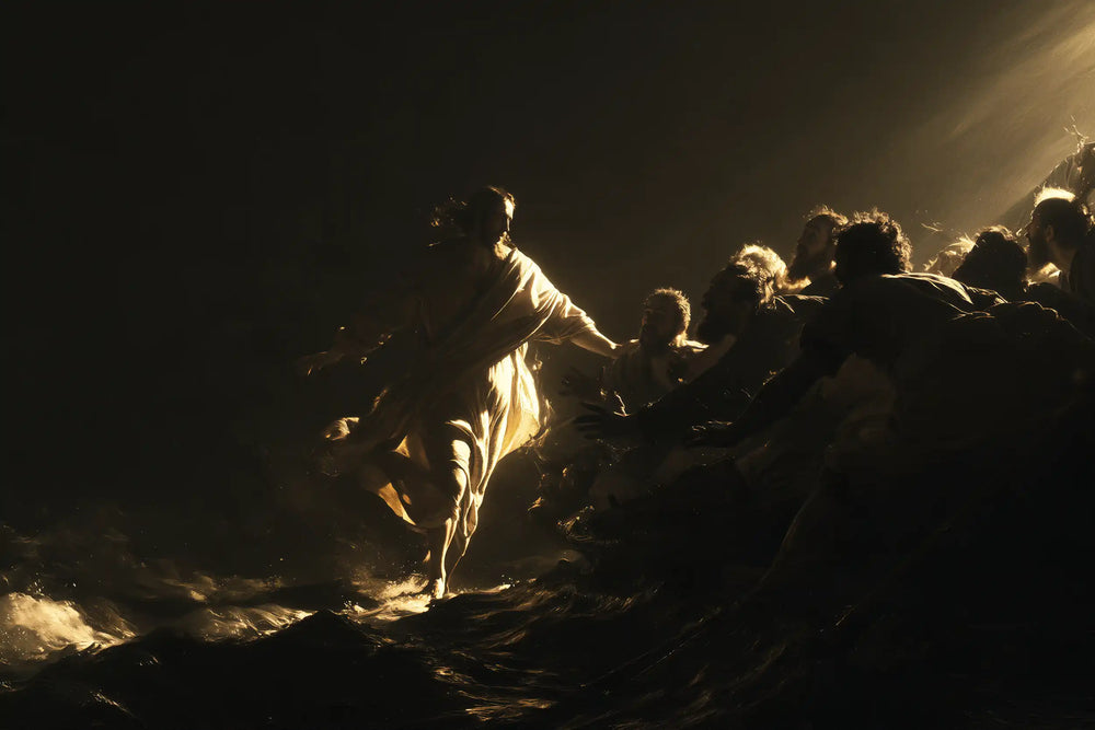 Jesus walking on water in Caravaggio Tenebrism style, landscape Christian artwork no. 8