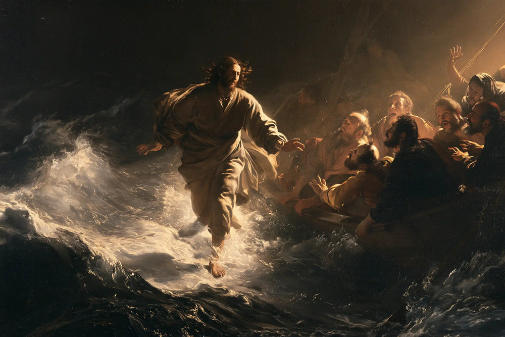 Jesus walking on water in Caravaggio Tenebrism style, landscape Christian artwork no. 10