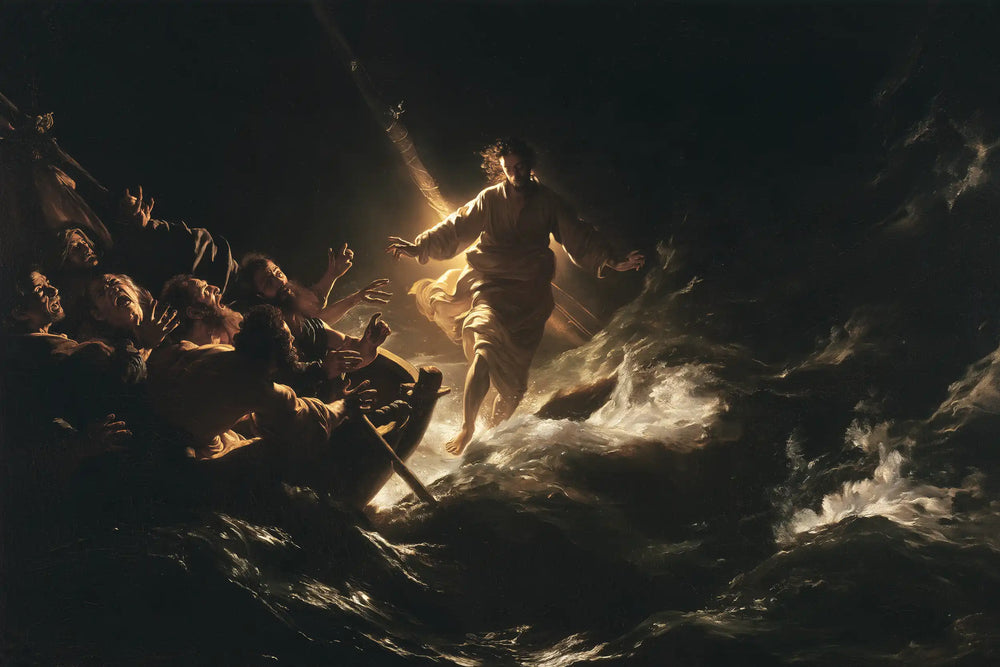 Jesus walking on water in Caravaggio Tenebrism style, landscape Christian artwork no. 13