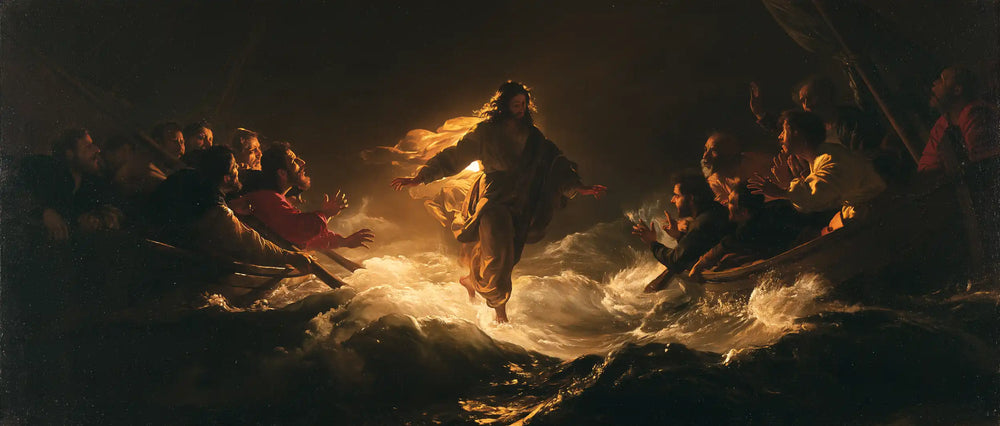 Jesus walking on water in Caravaggio Tenebrism style, landscape Christian artwork no. 17