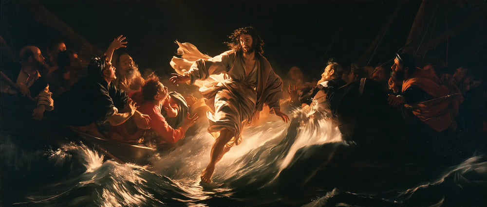 Jesus walking on water in Caravaggio Tenebrism style, landscape Christian artwork no. 19