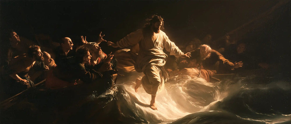 Jesus walking on water in Caravaggio Tenebrism style, landscape Christian artwork no. 20