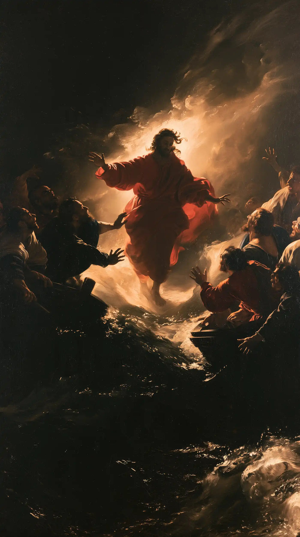 Jesus walking on water in Caravaggio Tenebrism style, portrait Christian artwork no. 8