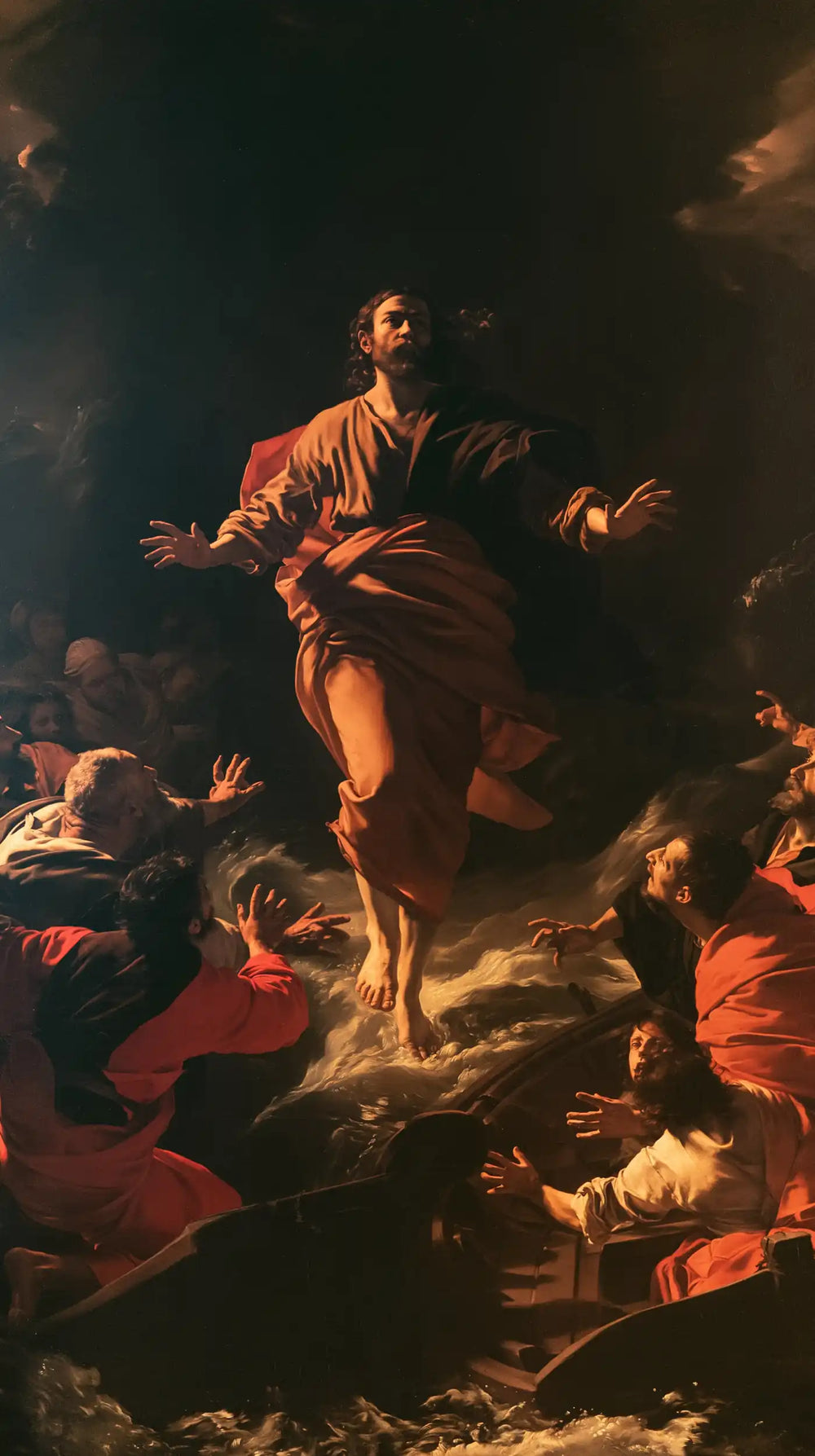 Jesus walking on water in Caravaggio Tenebrism style, portrait Christian artwork no. 10