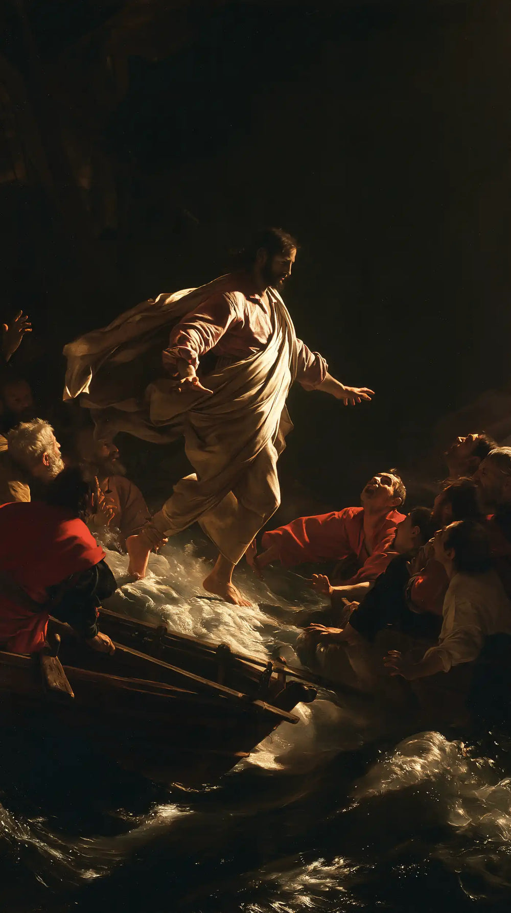 Jesus walking on water in Caravaggio Tenebrism style, portrait Christian artwork no. 11