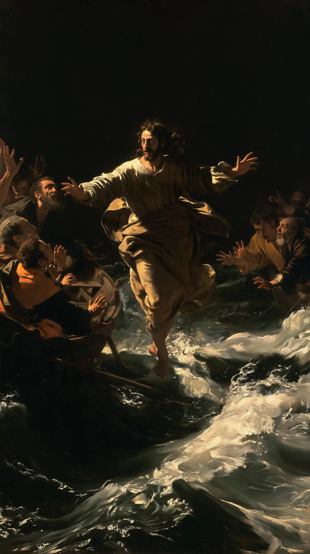 Jesus walking on water in Caravaggio Tenebrism style, portrait Christian artwork no. 12