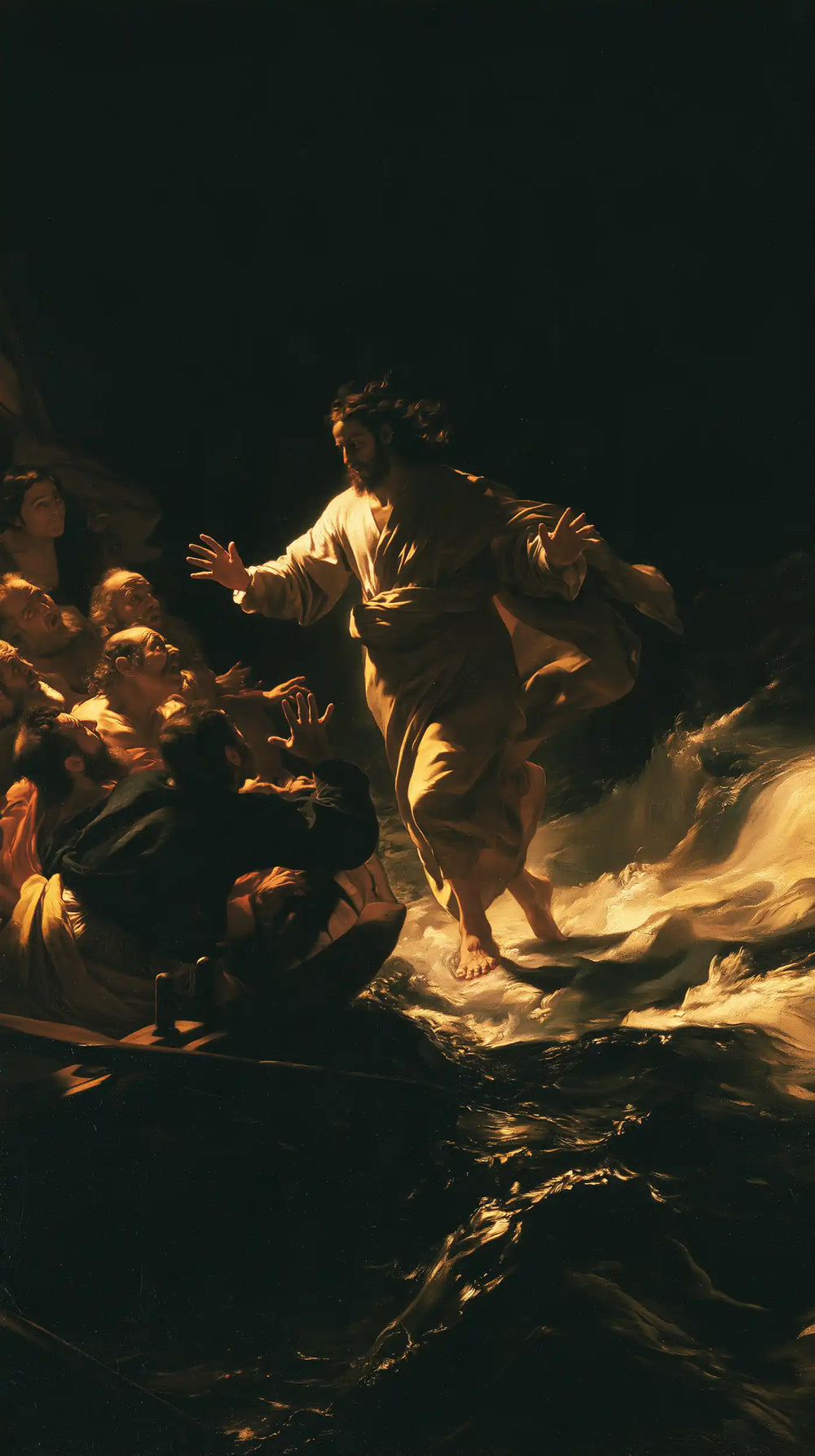 Jesus walking on water in Caravaggio Tenebrism style, portrait Christian artwork no. 19