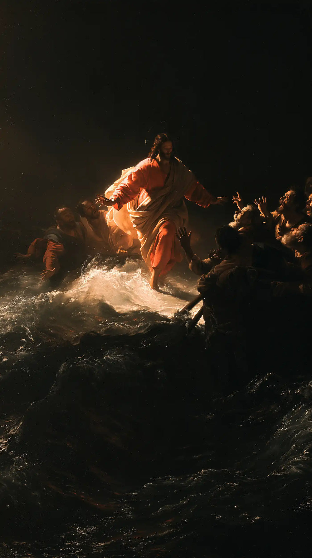 Jesus walking on water in Caravaggio Tenebrism style, portrait Christian artwork no. 22