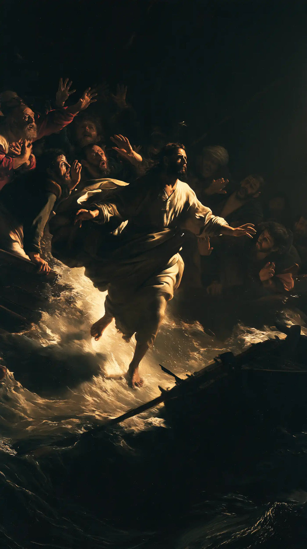 Jesus walking on water in Caravaggio Tenebrism style, portrait Christian artwork no. 25