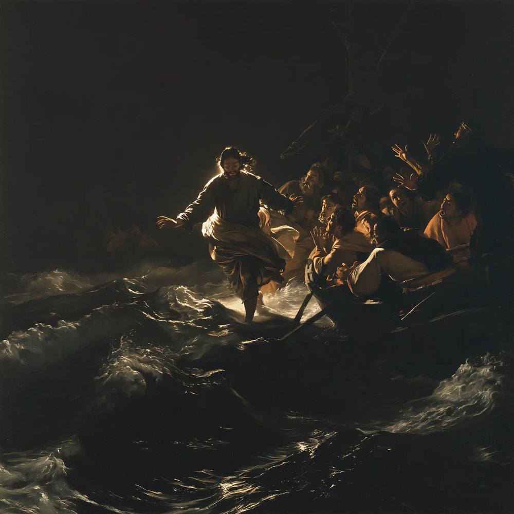 Jesus walking on water in Caravaggio Tenebrism style, square Christian artwork no. 1