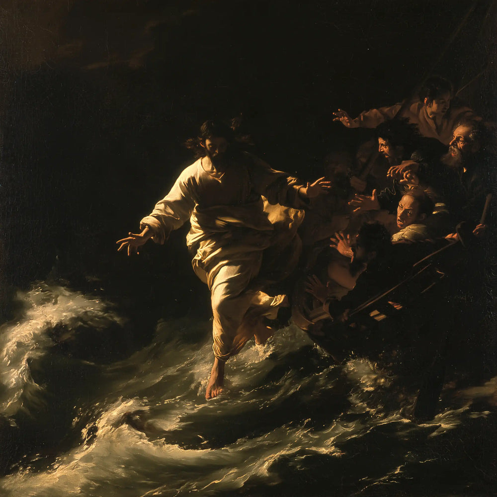 Jesus walking on water in Caravaggio Tenebrism style, square Christian artwork no. 3