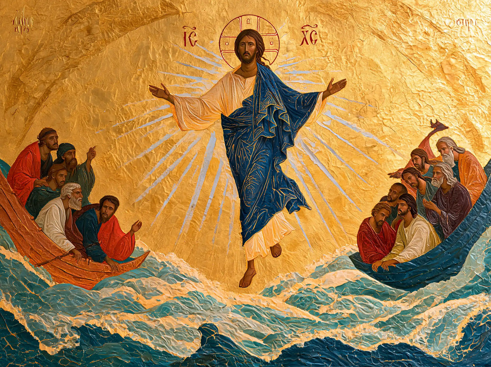 Jesus walking on water in Contemporary Byzantine style, landscape Christian artwork no. 5