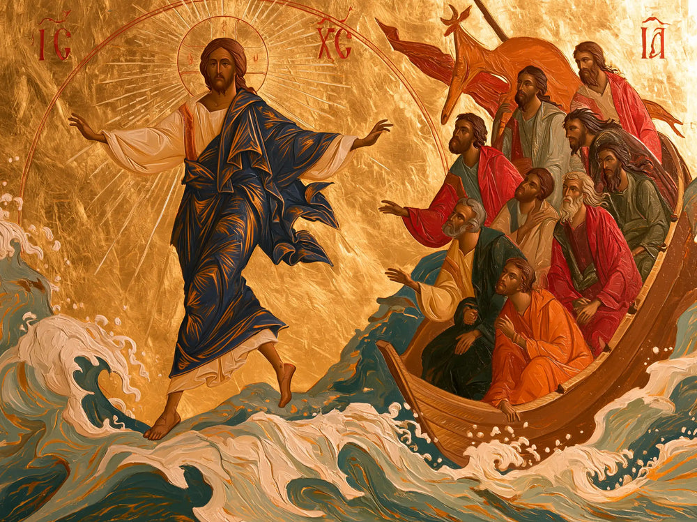 Jesus walking on water in Contemporary Byzantine style, landscape Christian artwork no. 6