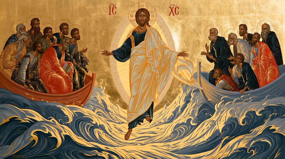 Jesus walking on water in Contemporary Byzantine style, landscape Christian artwork no. 8