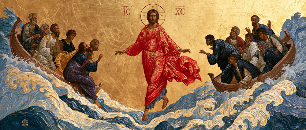 Jesus walking on water in Contemporary Byzantine style, landscape Christian artwork no. 14