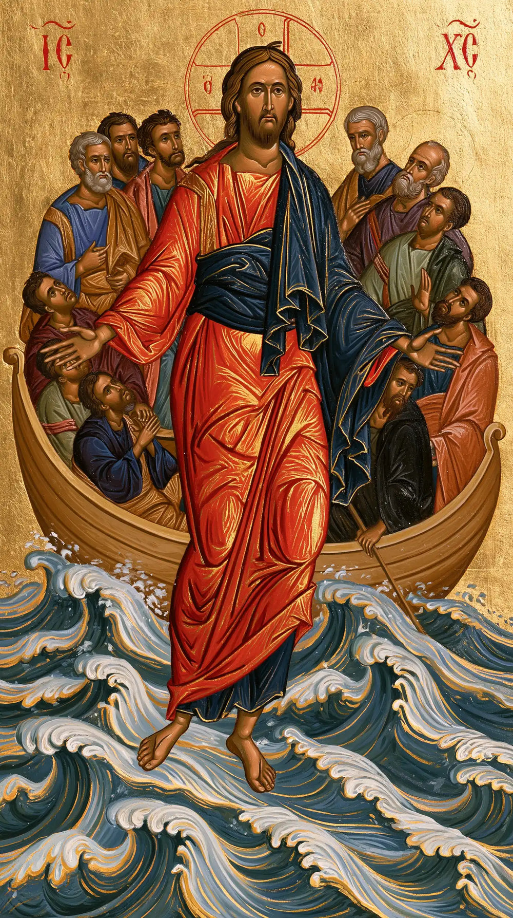 Jesus walking on water in Contemporary Byzantine style, portrait Christian artwork no. 1