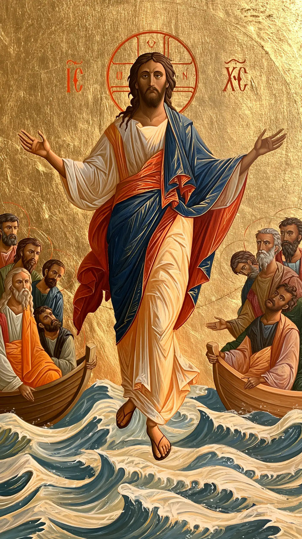 Jesus walking on water in Contemporary Byzantine style, portrait Christian artwork no. 2