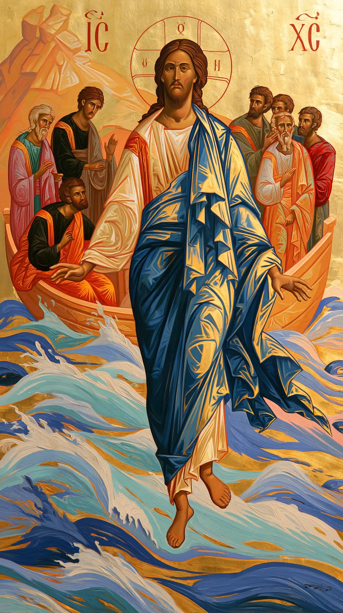 Jesus Walking on Water — Blue Folded into Golden Currents