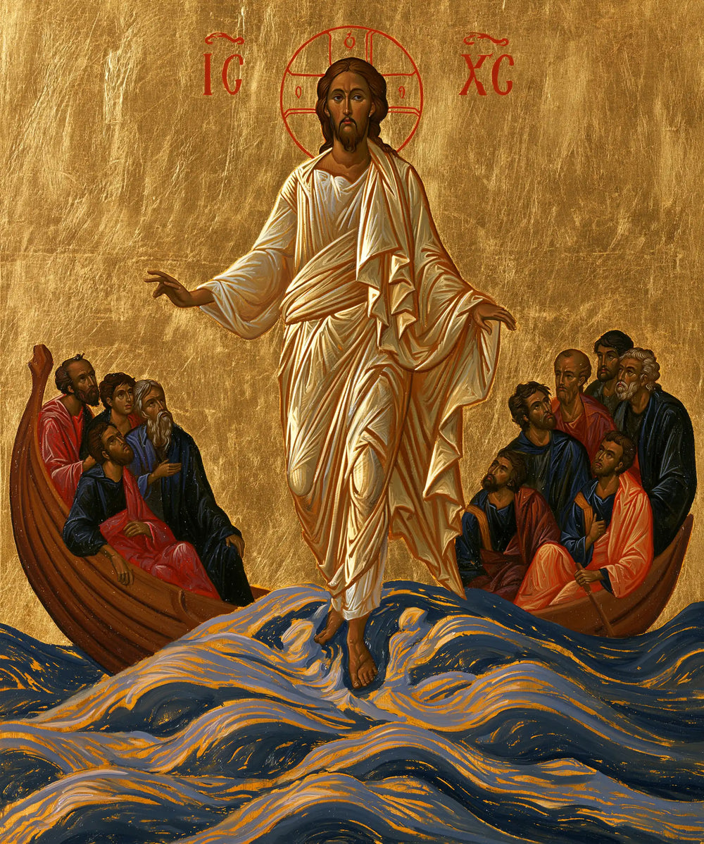 Jesus walking on water in Contemporary Byzantine style, portrait Christian artwork no. 30